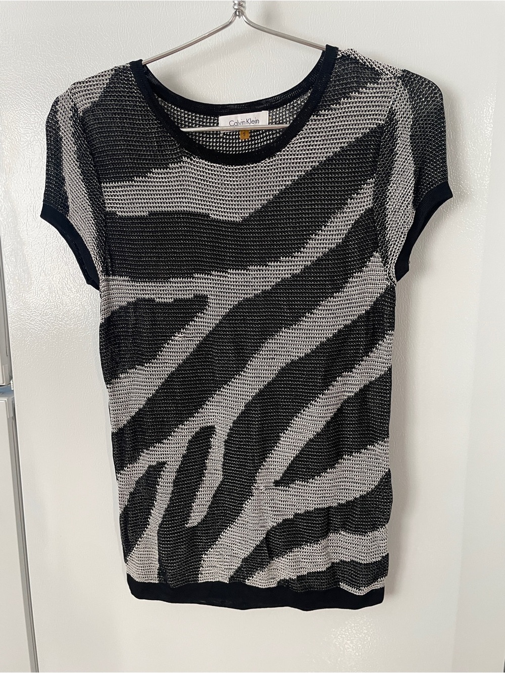 Calvin Klein Black and White Zebra-Print Short Sleeve Knit Top